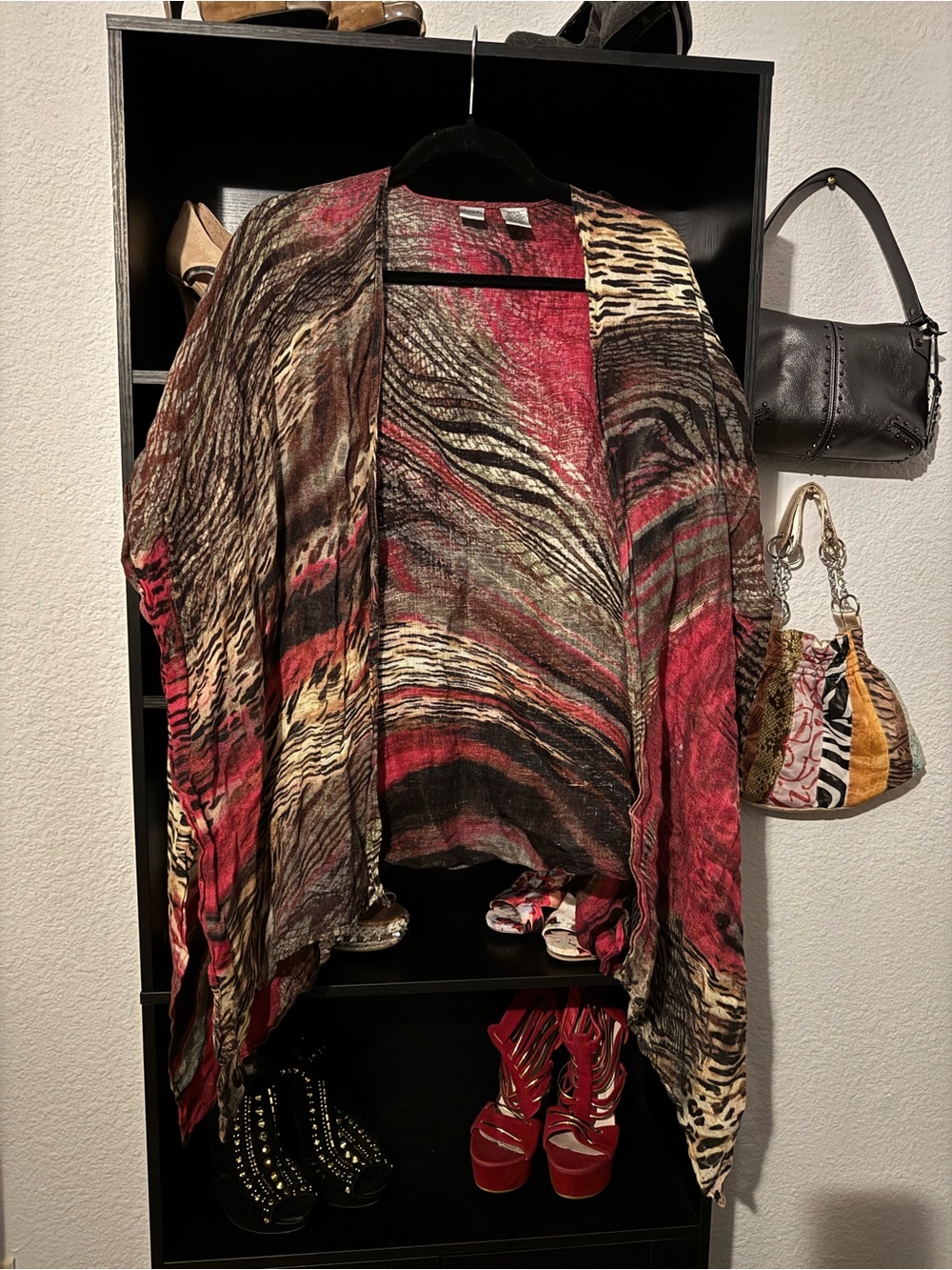 Chico's Open-Front Poncho Cardigan in Red and Brown Animal Print
